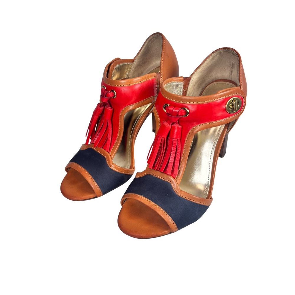 Coach Tristen Heeled Sandals 7.5 Red Blue Leather Tassel Peep Toe Preppy Classy
